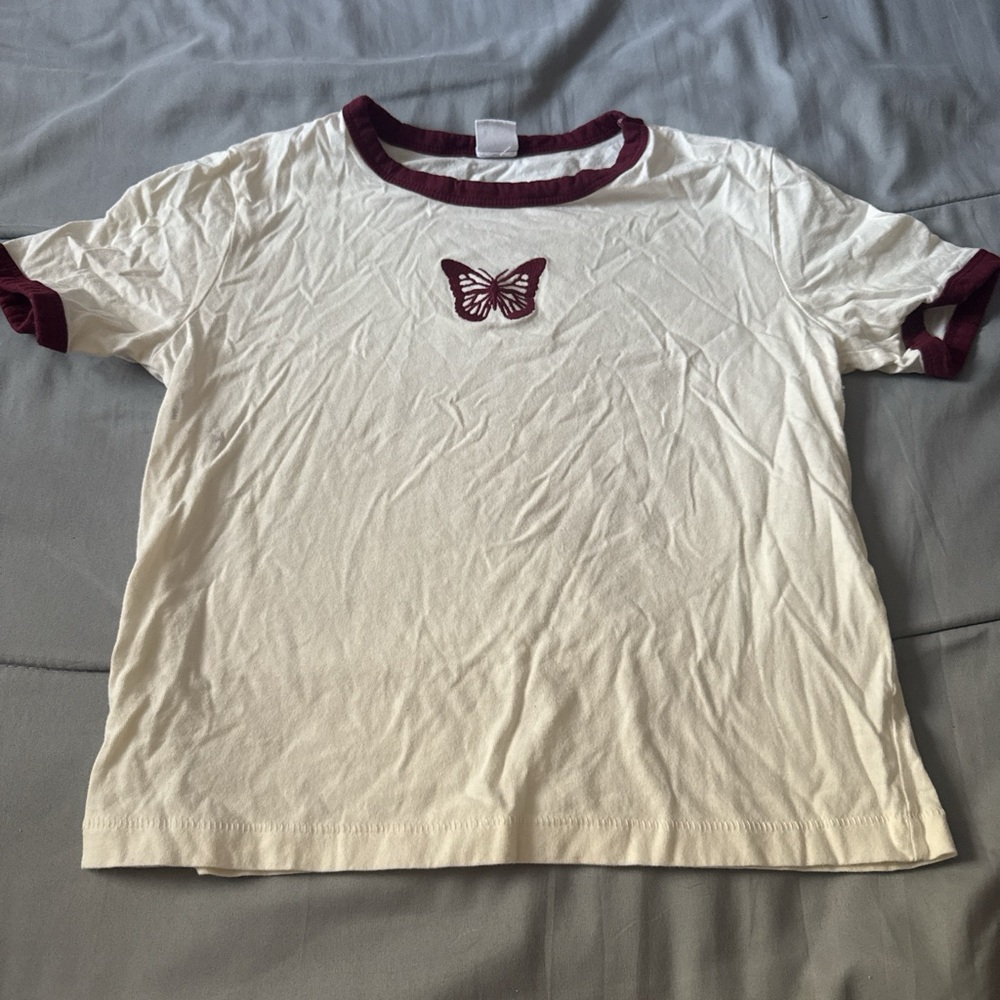 Cream and Maroon Butterfly Cropped T-Shirt